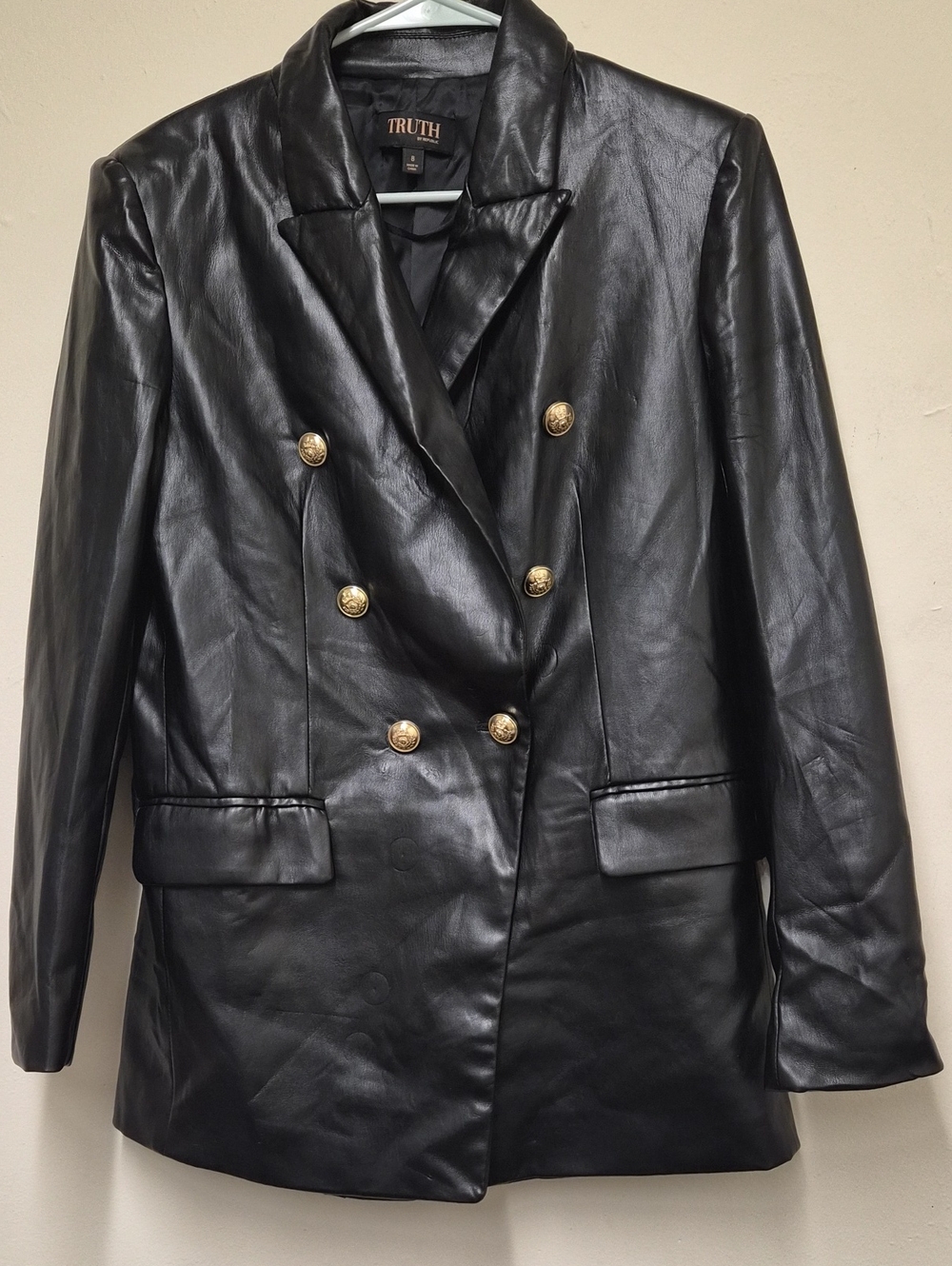 Truth Black Faux Leather Double-Breasted Blazer with Gold Buttons Size 8